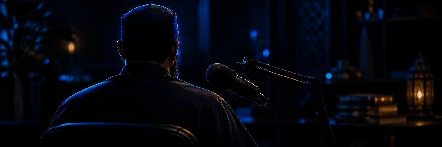 مقدّم من الخلف أمام ميكروفون في أستوديو داكن بإضاءة زرقاء ملكية وخلفية ضبابية