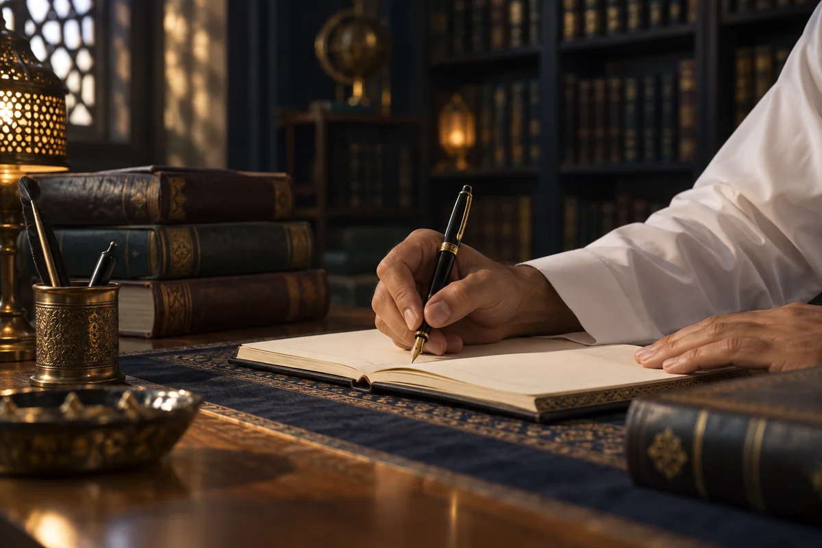 يد باحث يدوّن بقلم حبر في دفتر داخل مكتبة